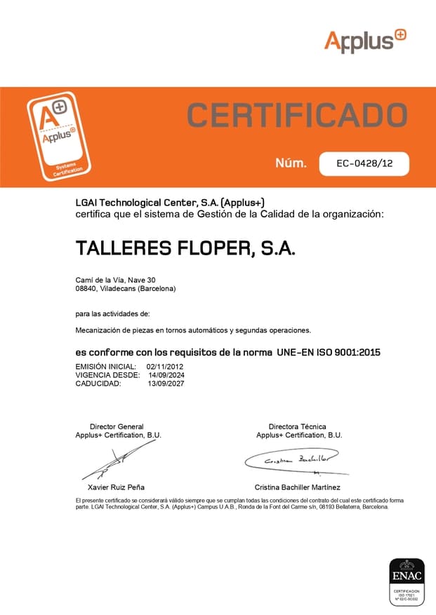 certificado ISO 9001:2015 Talleres Floper